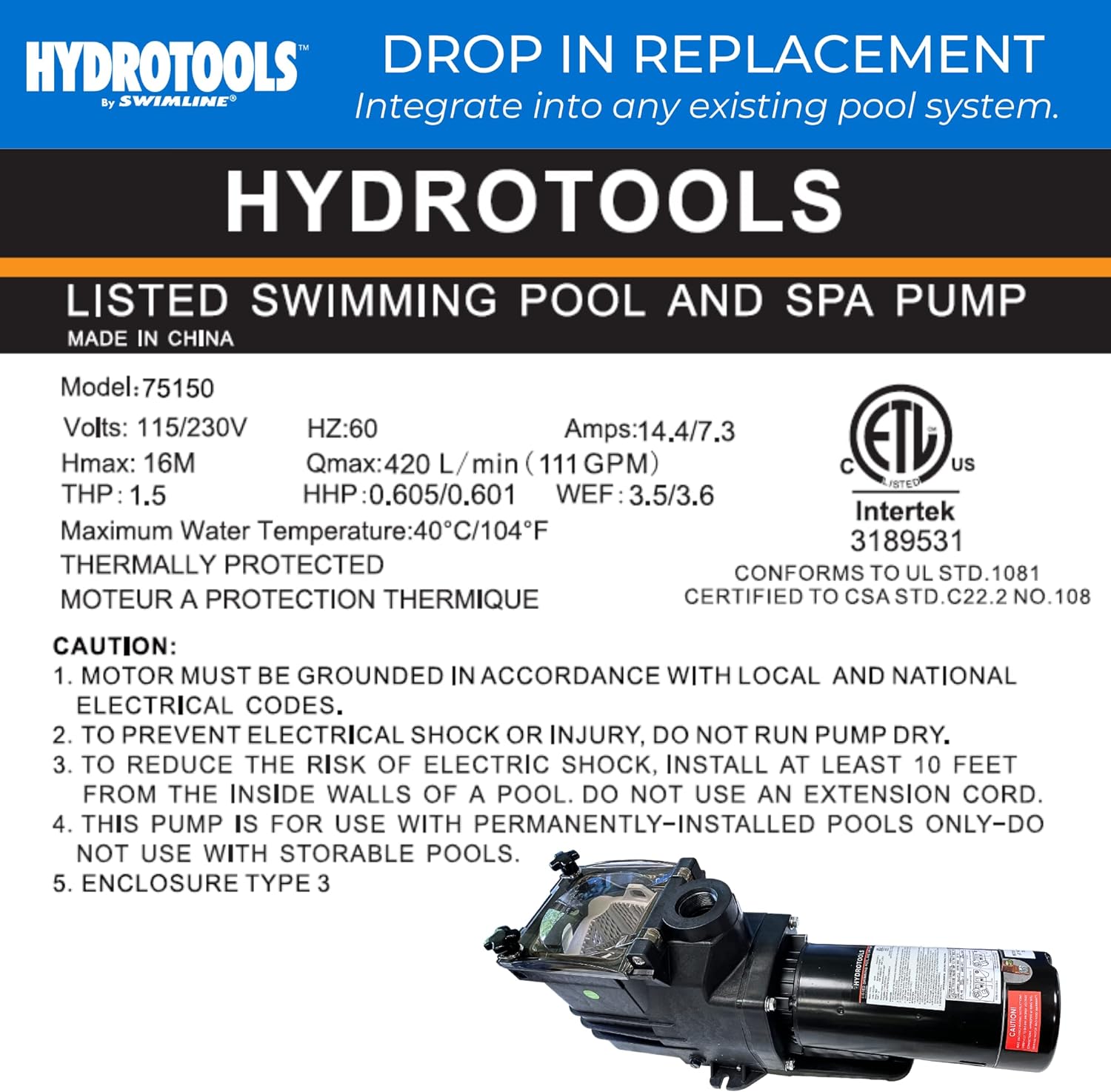 Model 75150 Hydro Super-Flo 1.5HP 6660 GPH In Ground Pool Pump, Vertical Discharge